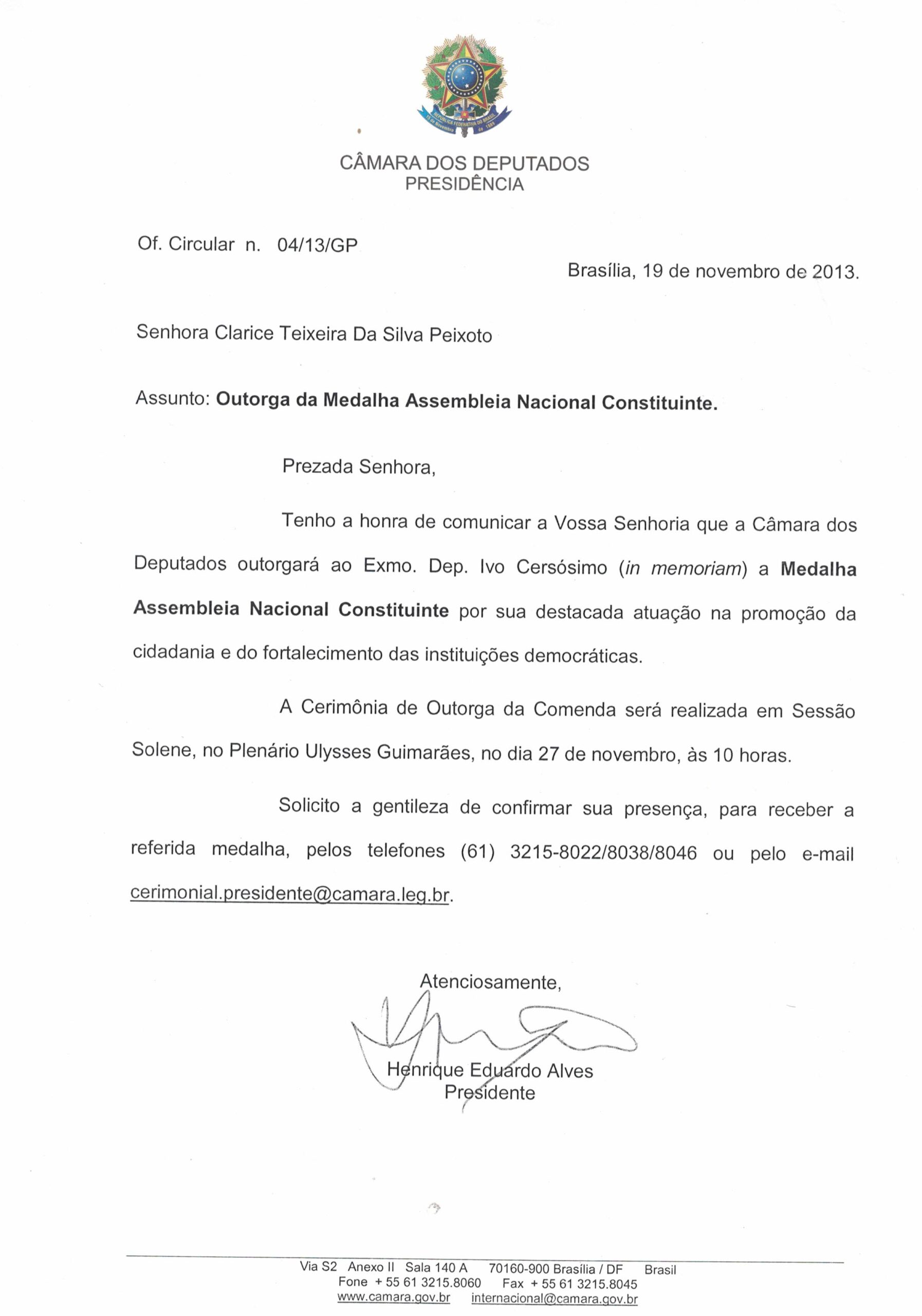 Convite à Clarice Peixoto (viúva de Ivo) para receber medalha em homenagem ao Ex-Deputado